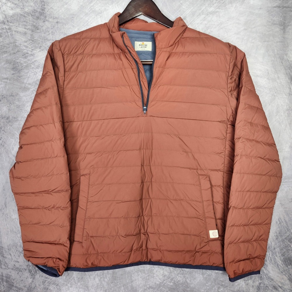Marine Layer Half Zip Down Puffer Jacket Mens M Rust Stretch Pullover Quilted